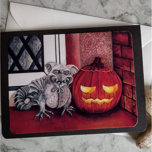 ‘Gargoyle & Pumpkin’ - Handmade Greetings Card With Envelope