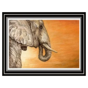 Art Print of ‘Elephant Sunset’ shown in a mock up frame.